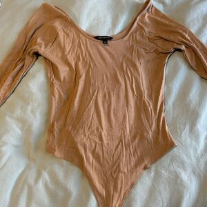 Tan off the shoulder long-sleeve bodysuit